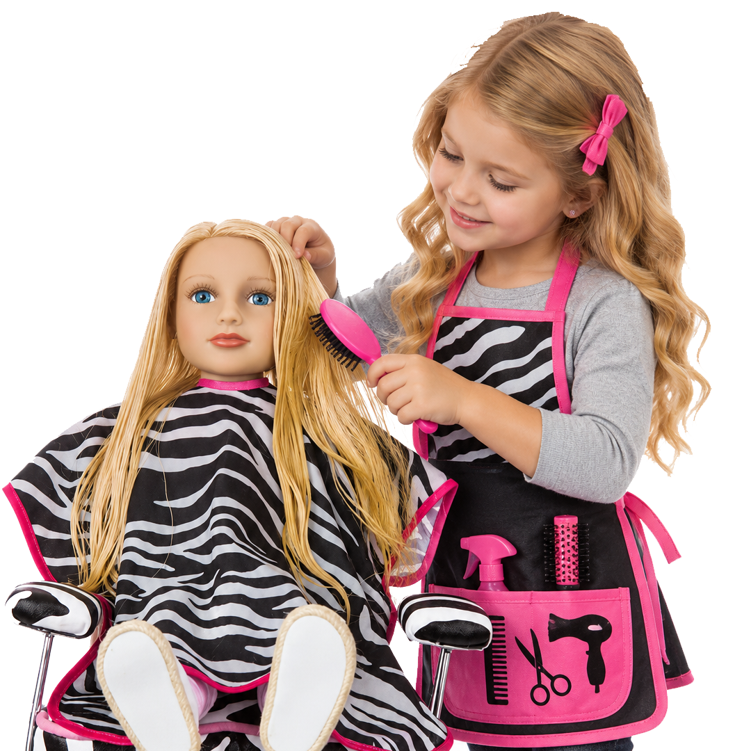 A child styling a My Salon Doll’s real hair in a salon chair