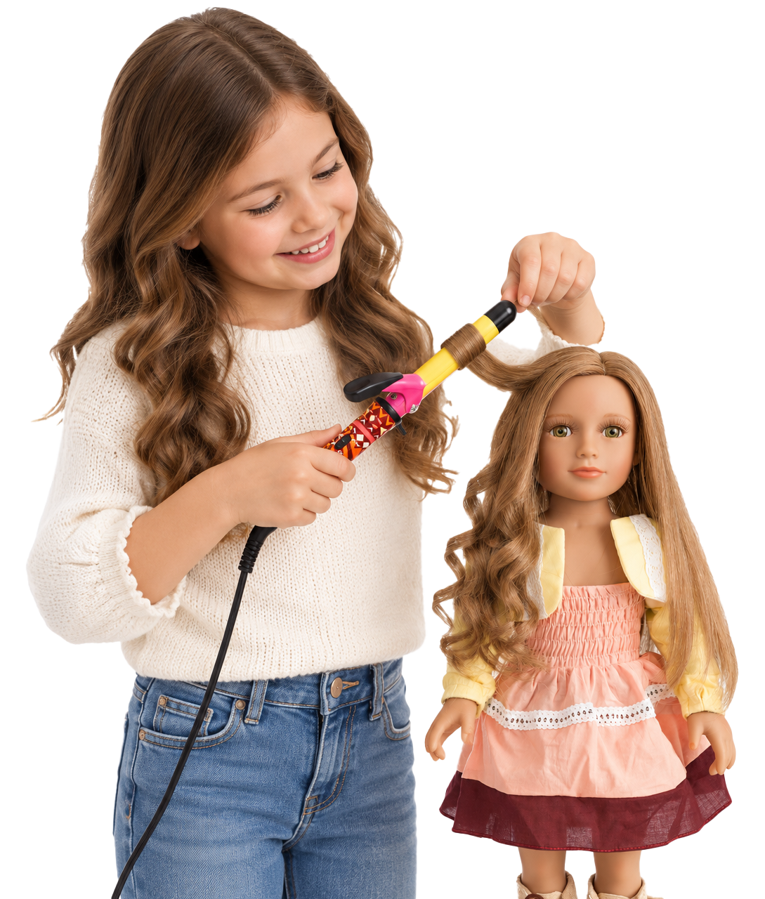 A child curling a My Salon Doll’s real hair